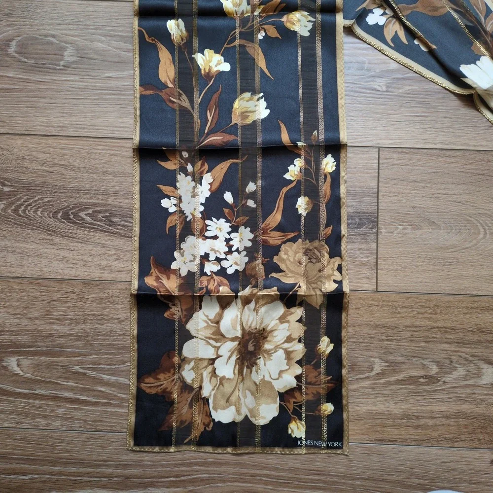 Jones New York Silk Floral Oblong Scarf - Black, Tan,‎ Gold Moody